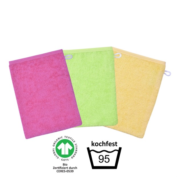 GOTS kochfest pink Waschhandschuh 3er Pack 15/21